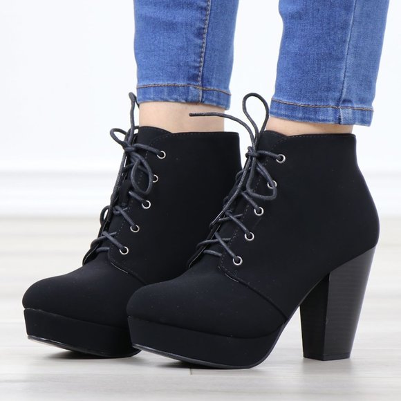 Shoes - Black Nubuck Lace-Up Chunky Block Cone High Heel Ankle Boots